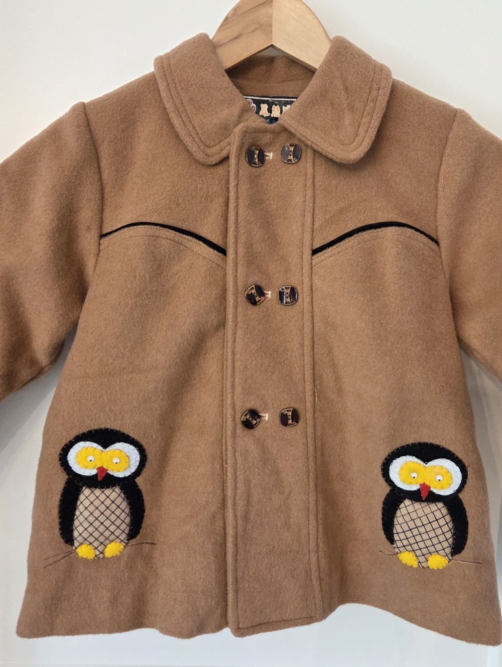 Vintage Inspired Children's Whimsical Storybook Felted Coat Owl Applique Novelty